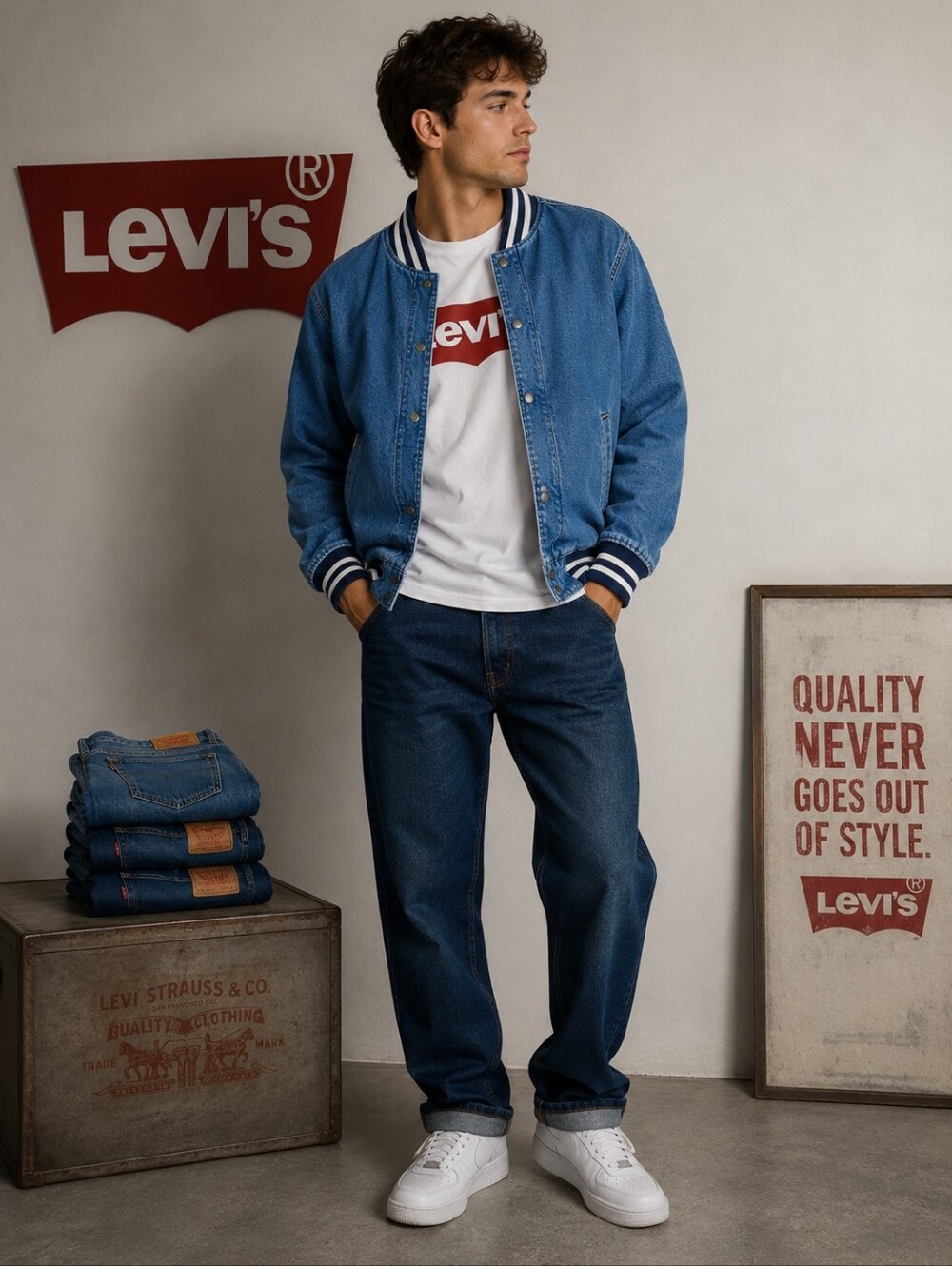 Levi's New Men's Full Zip Varsity Denim Bomber Jacket LARGE Ribbed Knit Hem